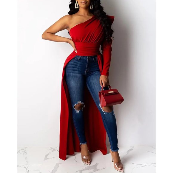 π₯WOW FACTOR!π₯ One Shoulder Asymmetric Top in Red - Picture 6 of 15